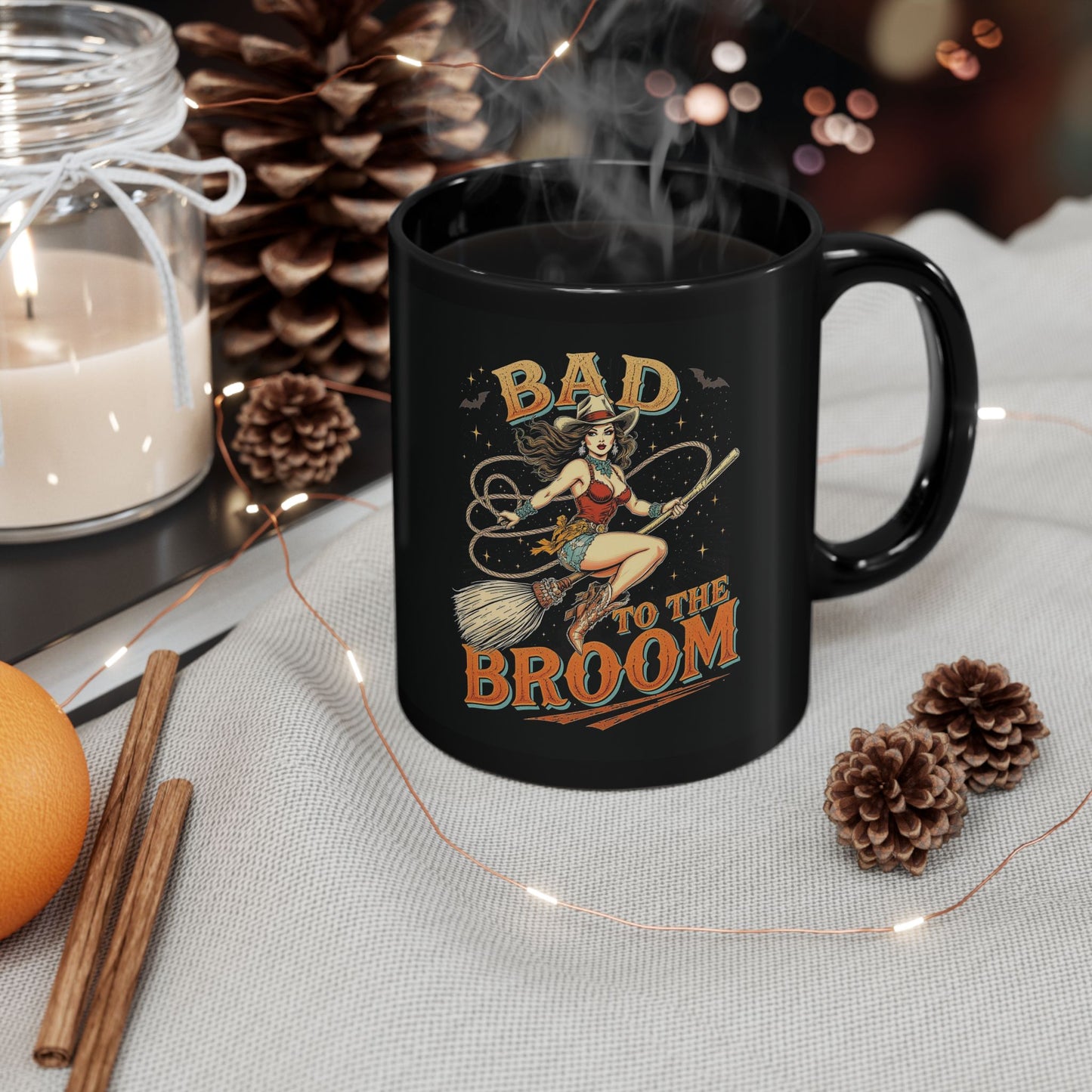 Mug - Bad to the Broom Cowgirl Riding a Broom Halloween Coffee Cup