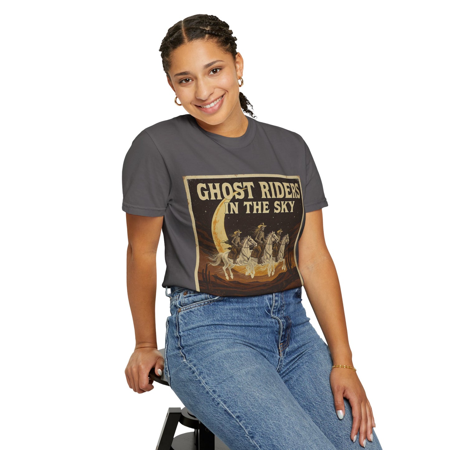 Skeleton Cowgirl Unisex T-shirt - Ghost Riders in the Dark Design