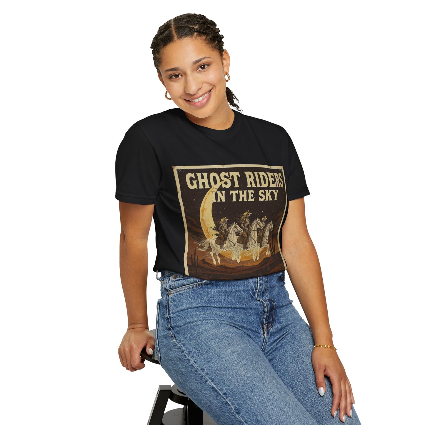 Skeleton Cowgirl Unisex T-shirt - Ghost Riders in the Dark Design