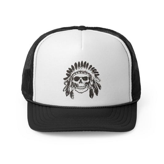 Western Native American Skull Headdress Trucker Cap, Vintage Hat for Men and Women, Rodeo Baseball Cap, Southwest Snapback, Tribal Chief